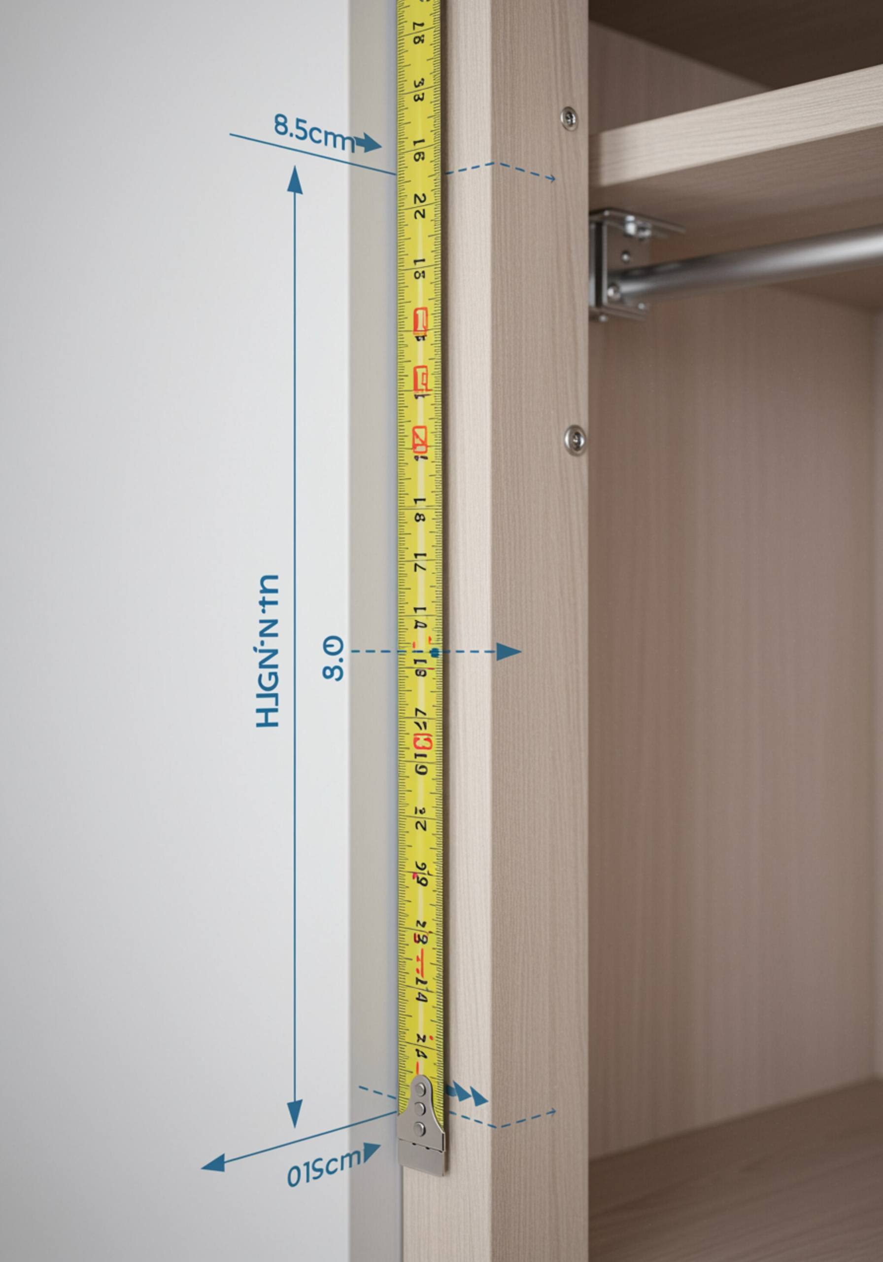 "Medidor de cinta en primer plano en un marco de armario personalizado, con líneas de dimensión en un fondo blanco minimalista, ideal para ilustraciones técnicas de diseño de interiores."