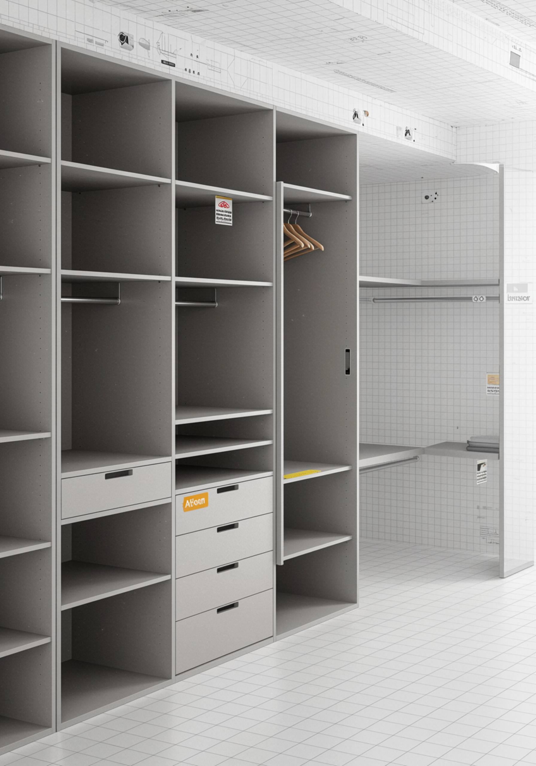 "Plano detallado de un armario personalizable con estantes ajustables, barras de colgar y compartimentos modulares sobre fondo blanco, ideal para optimizar el espacio en el hogar."