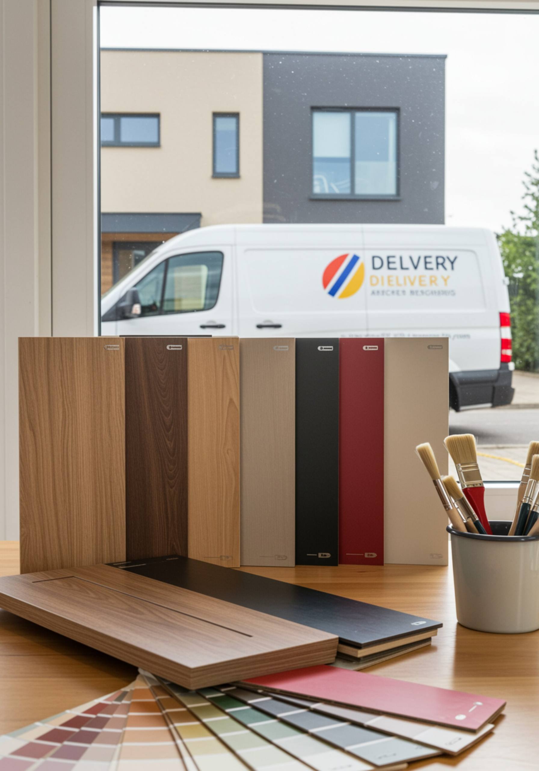 "Muestra de puertas de armario con acabados de madera y muestras de color sobre una mesa, junto a un ventilador de paleta de colores y pinceles, con un furgón de entrega de la empresa visible en un hogar moderno."