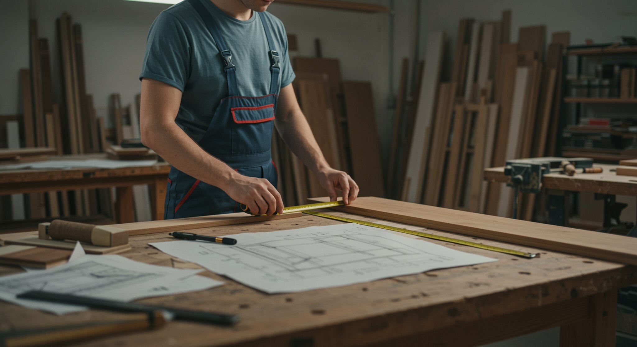 "Carpintero midiendo un panel de armario personalizado en un taller luminoso, rodeado de herramientas precisas, bocetos de diseño y muestras de madera, reflejando la atención al detalle en la carpintería."